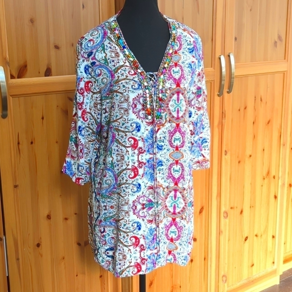 Papillon Boho Jewelled Paisley  Print Tunic Blouse M